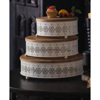 صينية تقديم بصحن خشب وبقاعده معدن ابيض مزخرف متوفر 3 احجام 8147