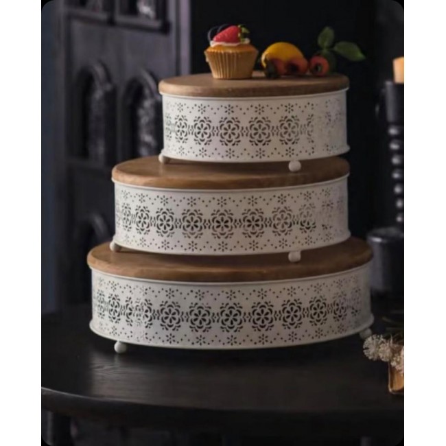 صينية تقديم بصحن خشب وبقاعده معدن ابيض مزخرف متوفر 3 احجام 8147