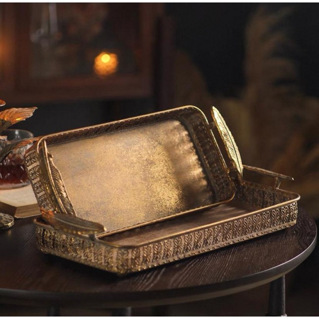 طقم صينيه تقديم ذهبي معتق بنقوش أنيقه 2قطعه 7891