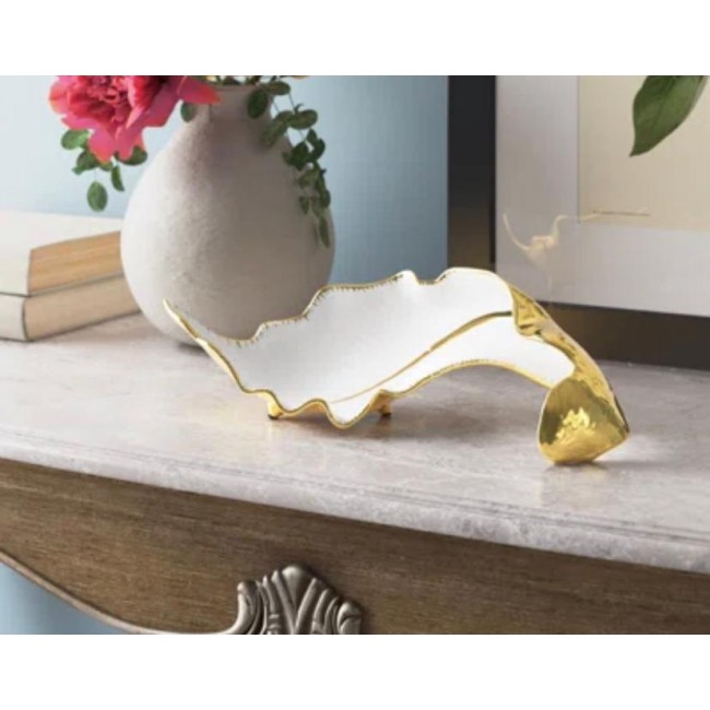 صحن سيراميك أبيض بلمسات ذهبيه بتصميم ورقة نباتات 7496