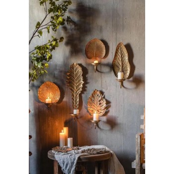 شمعدان جداري معدن بتصميم اوراق ذهبيه طقم 5 قطع 25124 شمعدان جداري معدن بتصميم اوراق ذهبيه طقم 5 قطع 25124