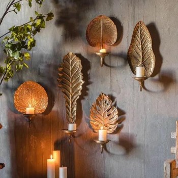 شمعدان جداري معدن بتصميم اوراق ذهبيه طقم 5 قطع 25124 شمعدان جداري معدن بتصميم اوراق ذهبيه طقم 5 قطع 25124