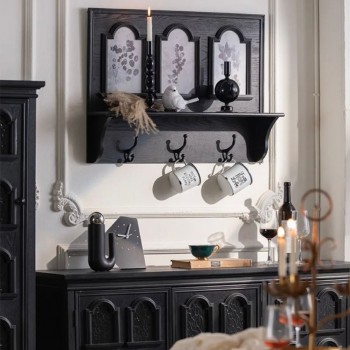 رف جداري اسود من خشب الطبيعي على الطراز الاروبي مع خطافات -L5682 رف جداري اسود من خشب الطبيعي على الطراز الاروبي مع خطافات -L5682