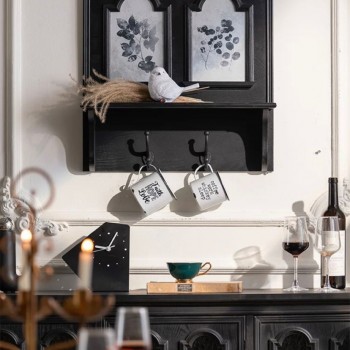 رف جداري اسود من خشب الطبيعي على الطراز الاروبي مع خطافات -L5681 رف جداري اسود من خشب الطبيعي على الطراز الاروبي مع خطافات -L5681