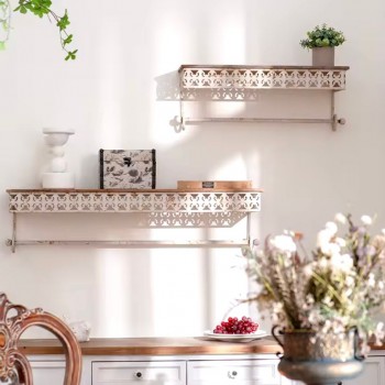 رفوف جداري انيق على الطراز الفكتوري حديد مشغول يدويا ورف خشب طقم 2-5743