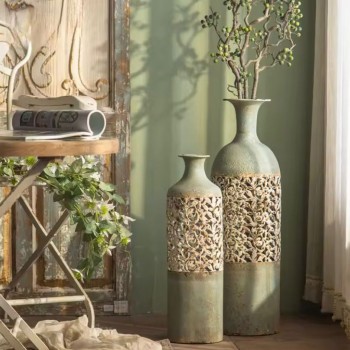 فازه فاخره معدن معتق على طراز الاروبي ملائم لديكور المنزل طقم 2 قطعه -5693 فازه فاخره معدن معتق على طراز الاروبي ملائم لديكور المنزل طقم 2 قطعه -5693