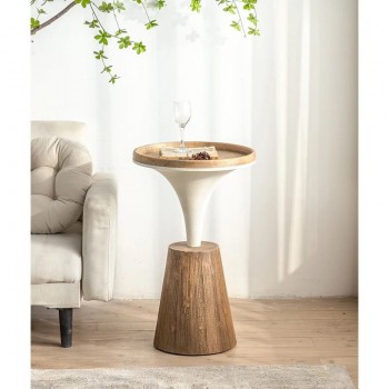 طاوله قهوه جانبيه مستديره بعنق معدني وقاعده من الخشب الخام -2-L3163