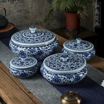 اناء بغطاء سيراميك بزخارف زرقاء لتخزين ملائم غرفة المعيشه متوفر 4 احجام -L4176