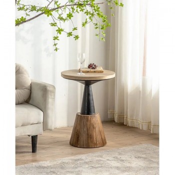 طاوله قهوه جانبيه مستديره بعنق معدني وقاعده من الخشب الخام -1-L3163