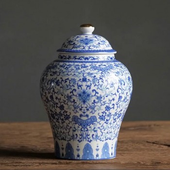 فازه سيراميك بغطا فاخره على طراز الصيني بنقوش زرقاء انيقه -L5509