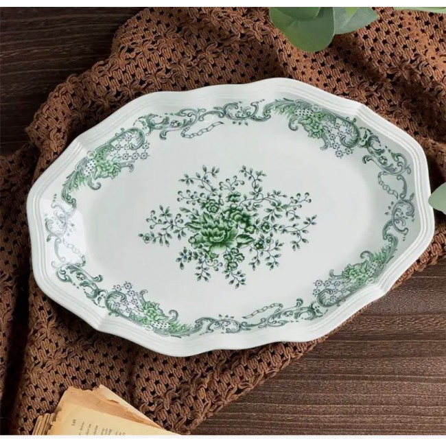 صحن من سيراميك بنقوش خضراء على نمط الفرنسي متوفر الحجمين -5119 صحن من سيراميك بنقوش خضراء على نمط الفرنسي متوفر الحجمين -5119