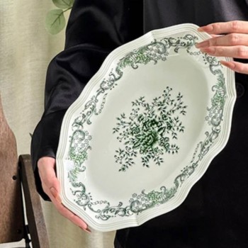 صحن  من سيراميك بنقوش خضراء على نمط الفرنسي متوفر الحجمين  -5119