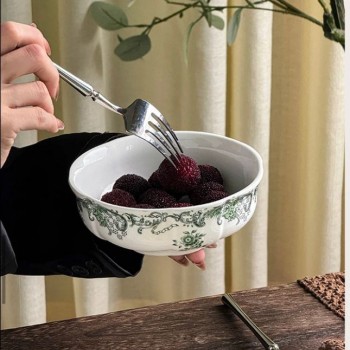 صحن عميق من سيراميك بنقوش خضراء على نمط الفرنسي -51117