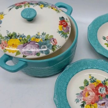 قدر سيراميك بغطا بتصميم زهور فينتج فاخر -L6305