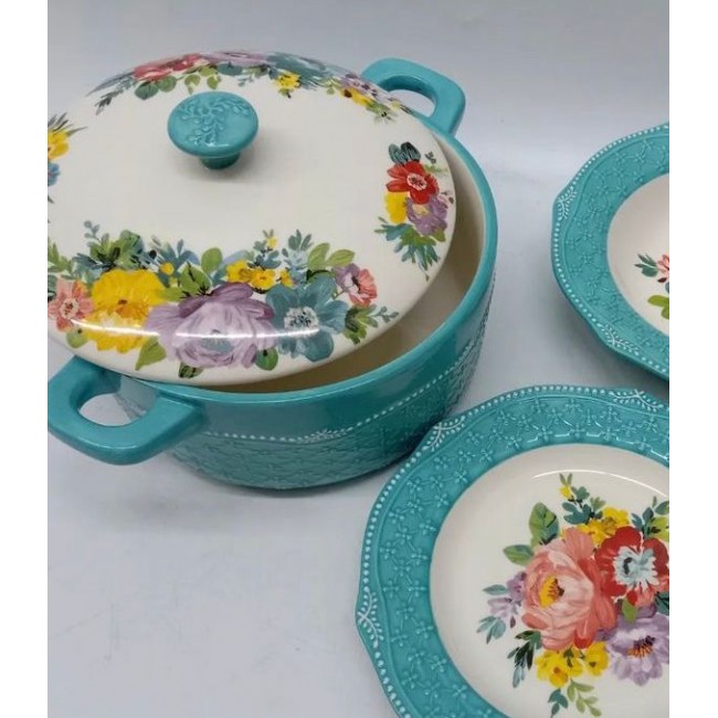 قدر سيراميك بغطا بتصميم زهور فينتج فاخر -L6305