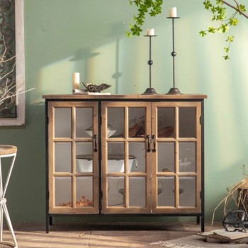 كونسول خشب طبيعي مطعم بالزجاج