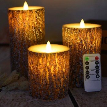 طقم شموع 3 حبات بتصميم جذع خشب