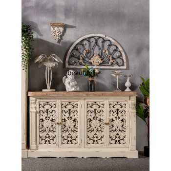 كونسول جداري خشب طبيعي حفر يدوي ابيض