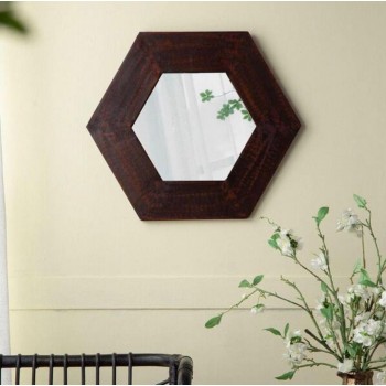 مرايا جداري بشكل هندسي سداسي باطار خشي عريض بلونه البني الداكن 8513