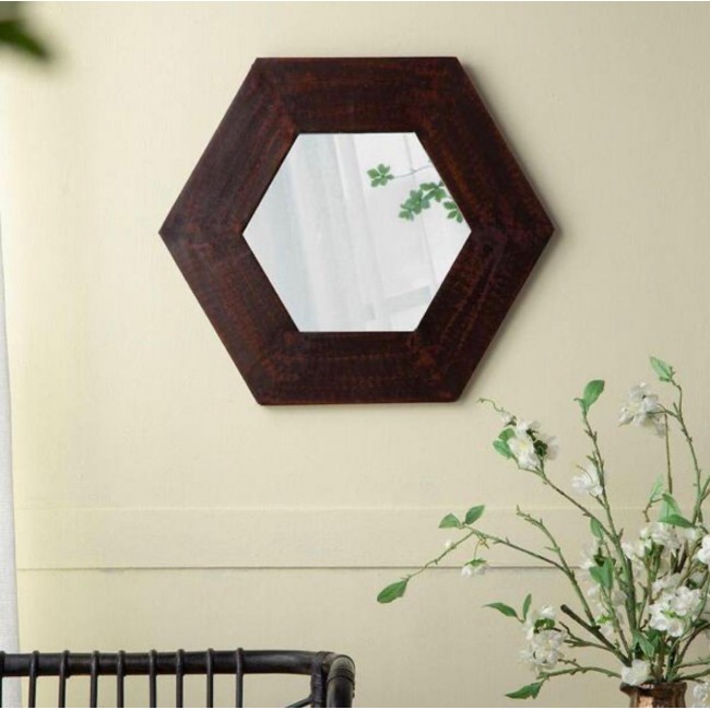 مرايا جداري بشكل هندسي سداسي باطار خشي عريض بلونه البني الداكن 8513