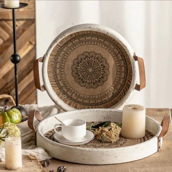 صينيه خشب ريفيه بمقابض جلد متوفر الحجمين L2583 صينيه خشب ريفيه بمقابض جلد متوفر الحجمين L2583