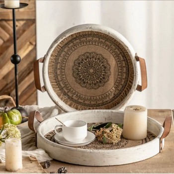 صينيه خشب ريفيه بمقابض جلد متوفر الحجمين L2583 صينيه خشب ريفيه بمقابض جلد متوفر الحجمين L2583