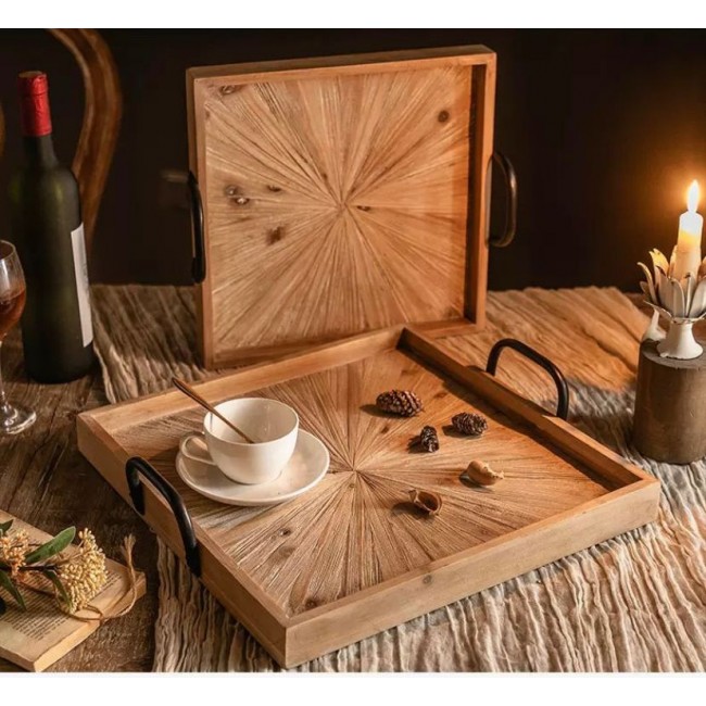 صينيه مصنوعه من الخشب لتقديم بمقابض معدنيه متوفر الحجمين L2567