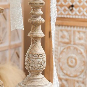 شمعدان عمود نحت خشبي يدوي معتق -3119