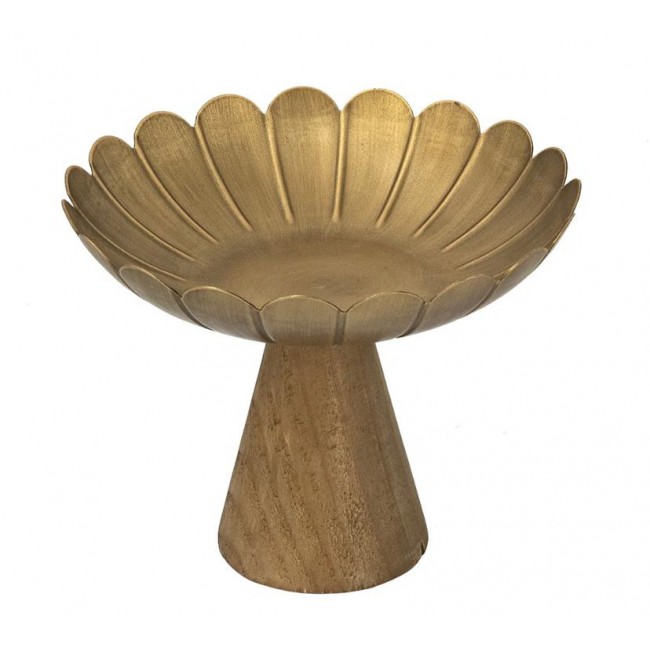 صحن تقديم من المعدن بتصميم زهرة اللوتس بقاعده خشبيه متوفر الحجمين 8189