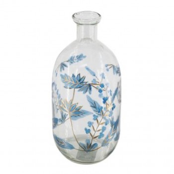 فازه زجاجية شفافة بزخارف نباتية زرقاء بلمسات ذهبيه 8303