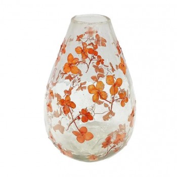 فازه زجاجية على شكل كمثرى بأزهار طبيعيه برتقالية وحمراء متوفر الحجمين 8299