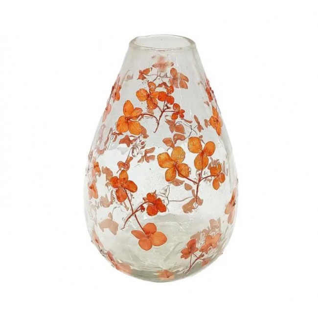فازه زجاجية على شكل كمثرى بأزهار طبيعيه برتقالية وحمراء متوفر الحجمين 8299