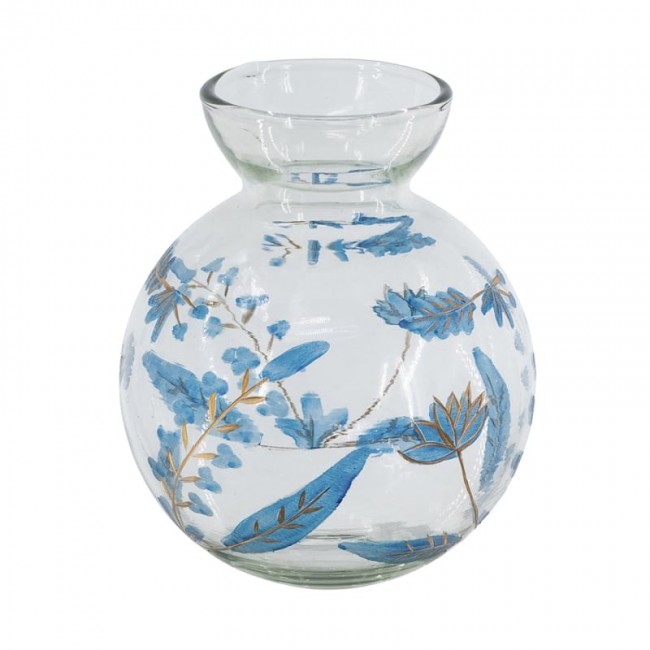 زهرية زجاجية شفافة بزخارف نباتية زرقاء وذهبية.8304