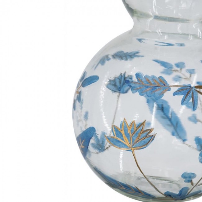 زهرية زجاجية شفافة بزخارف نباتية زرقاء وذهبية.8304