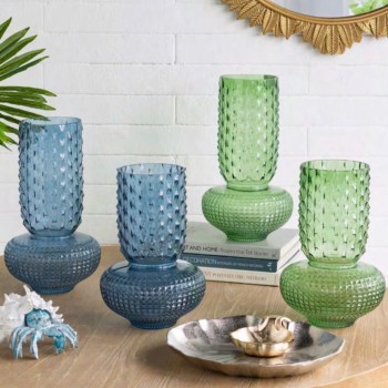 فازه زجاجيه شفافه زرقاء وخضراء مستديرة بنقشة الحصى بحجمين 8307