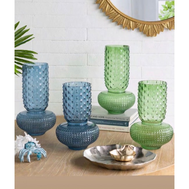 فازه زجاجيه شفافه زرقاء وخضراء مستديرة بنقشة الحصى بحجمين 8307