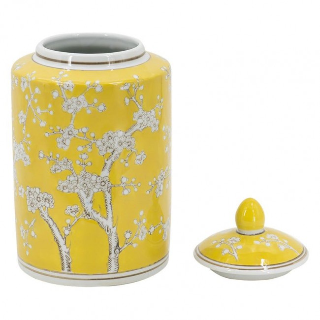 فازه سيراميك بلون أصفر فاتح وزخارف أزهار البرقوق البيضاء 8246