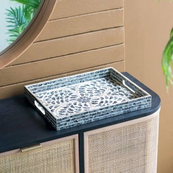 صينية تقديم مستطيلة الشكل بتطعيم صدف الطبيعي بالون الأسود والأبيض 8243