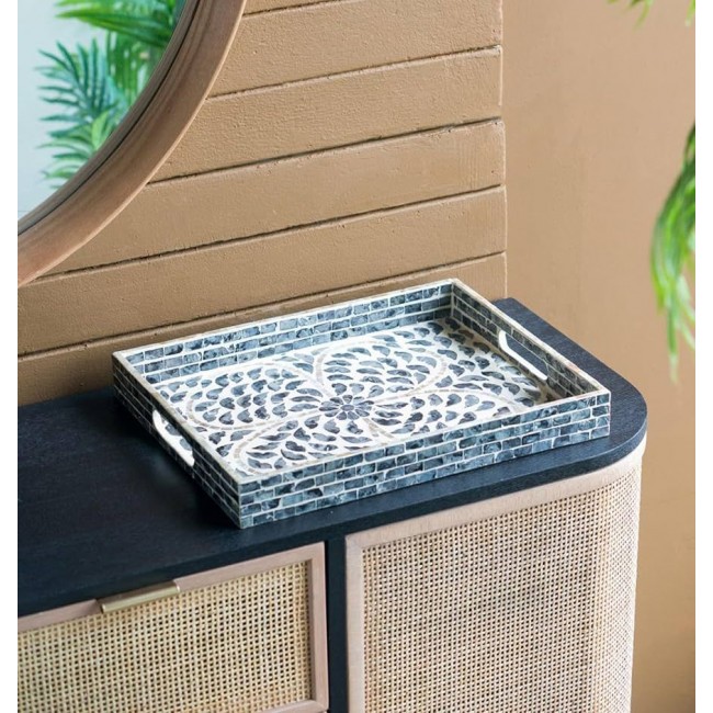 صينية تقديم مستطيلة الشكل بتطعيم صدف الطبيعي بالون الأسود والأبيض 8243