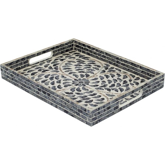 صينية تقديم مستطيلة الشكل بتطعيم صدف الطبيعي بالون الأسود والأبيض 8243