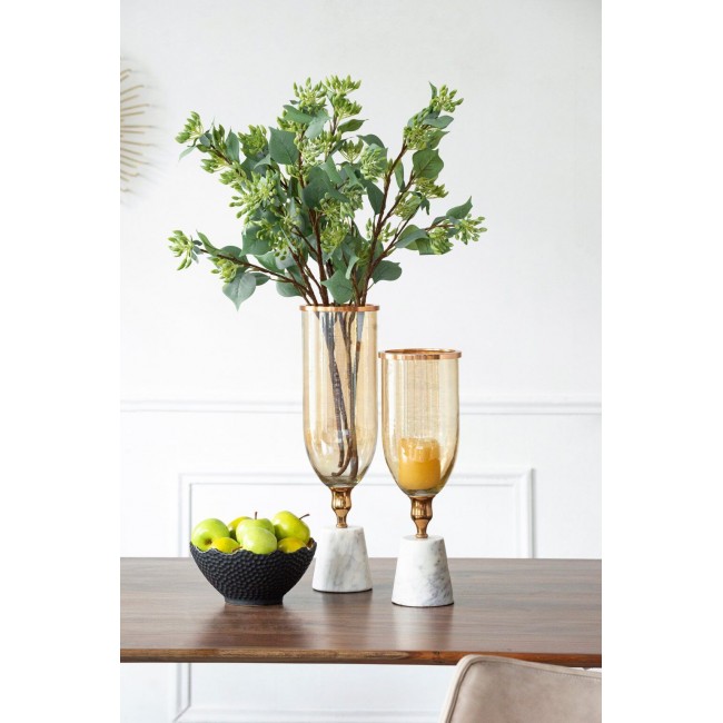 فازه زجاجية طويلة بقاعدة رخامية بيضاء ولون ذهبي بتصميم عصري متوفر الحجمين 8239