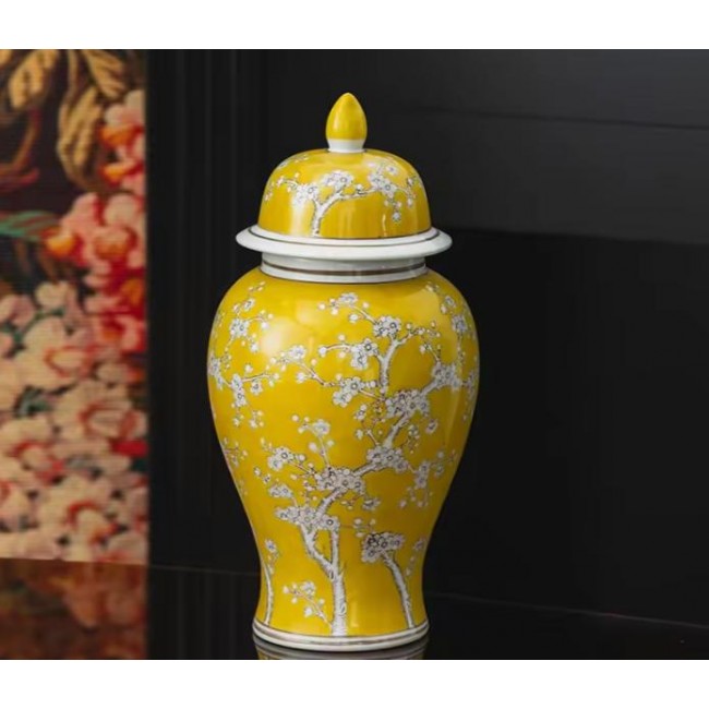 فازه سيراميك أصفر وأبيض بنقشة زهور البرقوق 8245