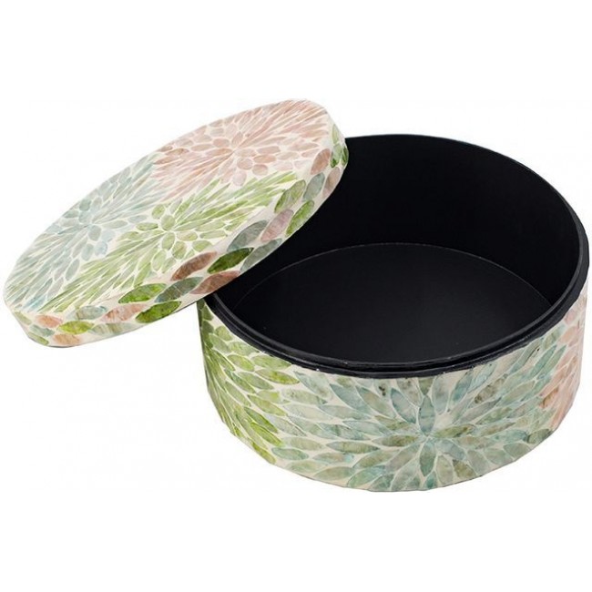 علبة ديكور دائرية بغطاء وتطعيم صدف طبيعي بنمط أزهار ملون 8238