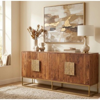 كونسول جداري من الخشب الاكاسيا البني الطبيعي بلمسات نحاسيه وقاعده معدنيه انيقه8211