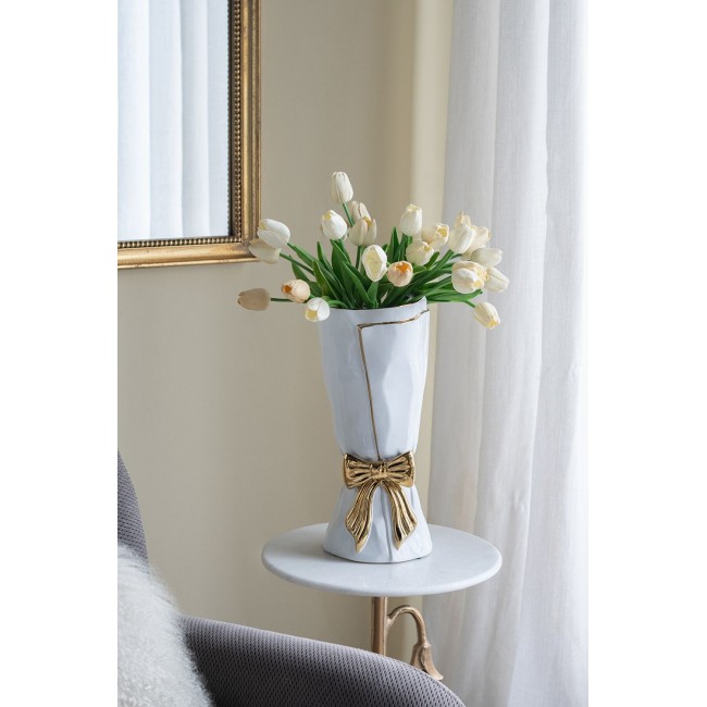 فازه سيراميك بيضاء بفيونكة ذهبية متوفر الحجمين 8206