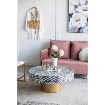 طاولة دائرية منخفضة بسطح مزخرف بنقوش هندسية أنيقة باللونين الأبيض والأسود من رقائق الصدف الطبيعي 7869 طاولة دائرية منخفضة بسطح مزخرف بنقوش هندسية أنيقة باللونين الأبيض والأسود من رقائق الصدف الطبيعي 7869