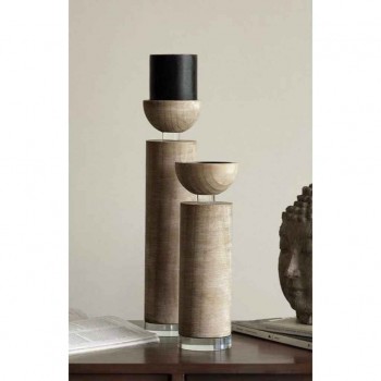 شمعدان خشب طبيعي مطعم بالزجاج متوفلر الحجمين L8025 شمعدان خشب طبيعي مطعم بالزجاج متوفلر الحجمين L8025