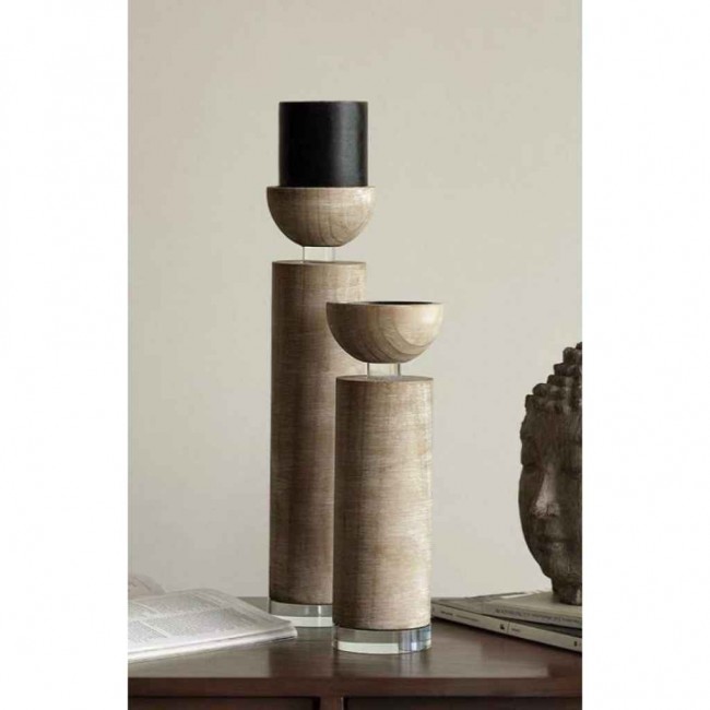 شمعدان خشب طبيعي مطعم بالزجاج متوفلر الحجمين L8025