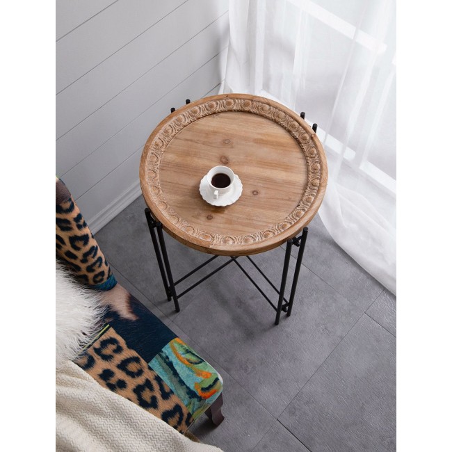 طاولة جانبية عصرية وعملية بتصميم يجمع بين دفء الخشب الطبيعي ومتانة المعدن الأسود بستايل ريفي 8029