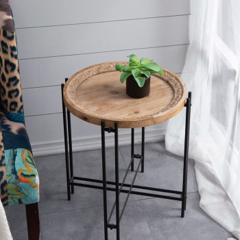 طاولة جانبية عصرية وعملية بتصميم يجمع بين دفء الخشب الطبيعي ومتانة المعدن الأسود بستايل ريفي 8029